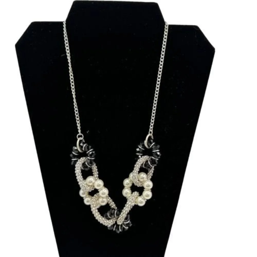 New York & Company Silver Tone Faux Pearl Black Beaded Bib‎ Statement Necklace